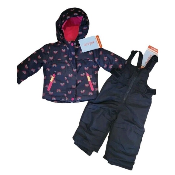 Cat & Jack Hot Pink & Black Rainbow 3 in 1 Jacket Snow Bib Pants set 12mos - Picture 1 of 8